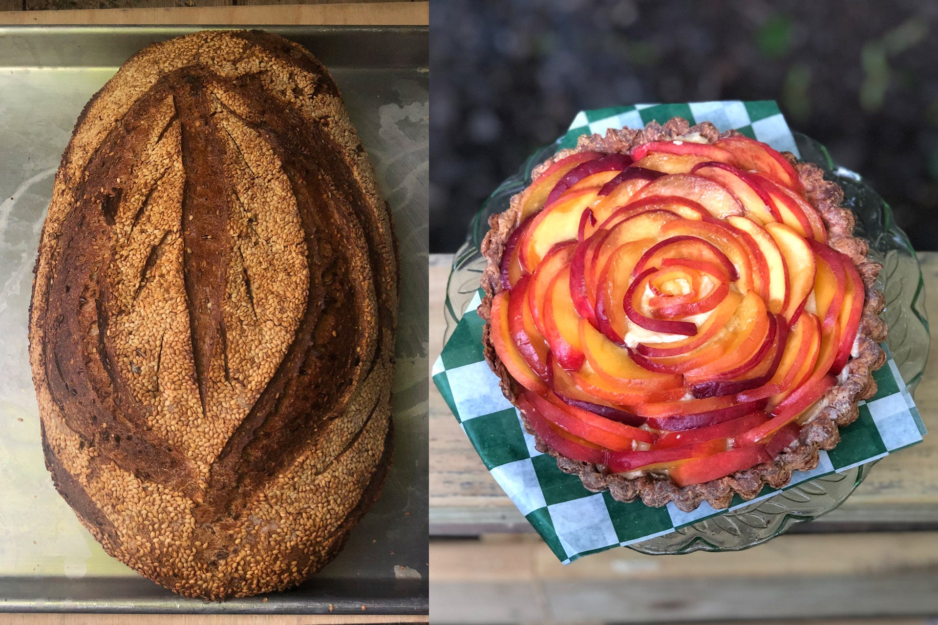 Left image of a breaad loaf, righ of a tarte tatin in that rose shape only expert bakers can do