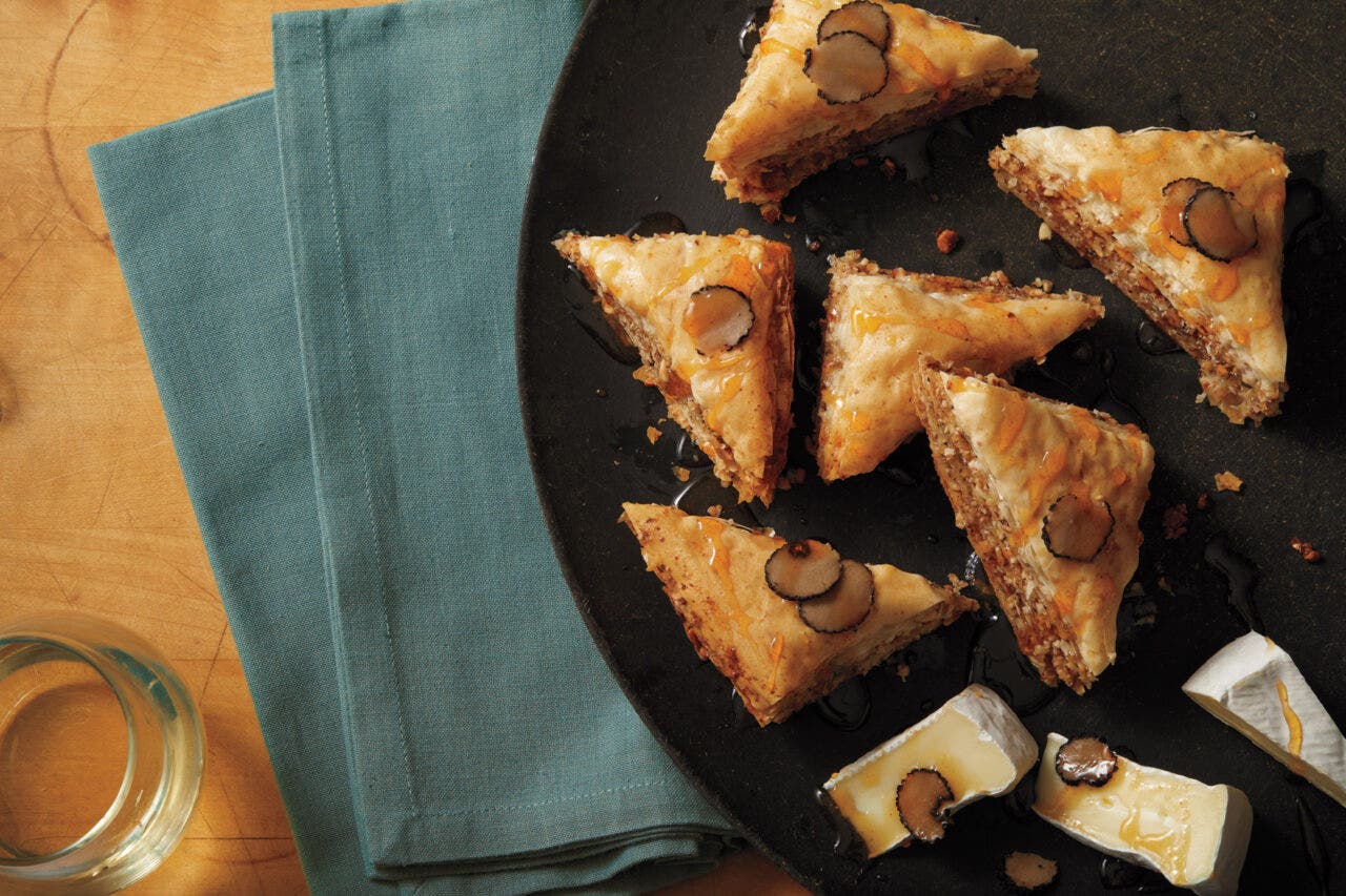 Hazelnut and pineapple baklava with brie