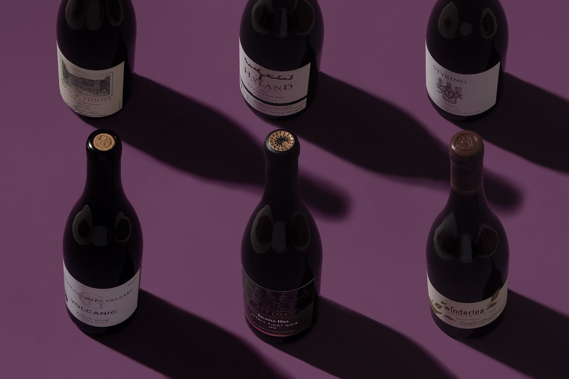 Brick House 2016 Les Dijonnais Pinot Noir (Ribbon Ridge); Hyland 2017 Old Vine Single Vineyard Pinot Noir (McMinnville); Styring 2015 Signature Pinot Noir (Ribbon Ridge); Winderlea 2016 Crawford Beck Vineyard Pinot Noir (Eola-Amity Hills); Left Coast 2016 Truffle Hill Estate Pinot Noir (Willamette Valley); and Patricia Green Cellars 2017 Volcanic Pinot Noir (Dundee Hills)