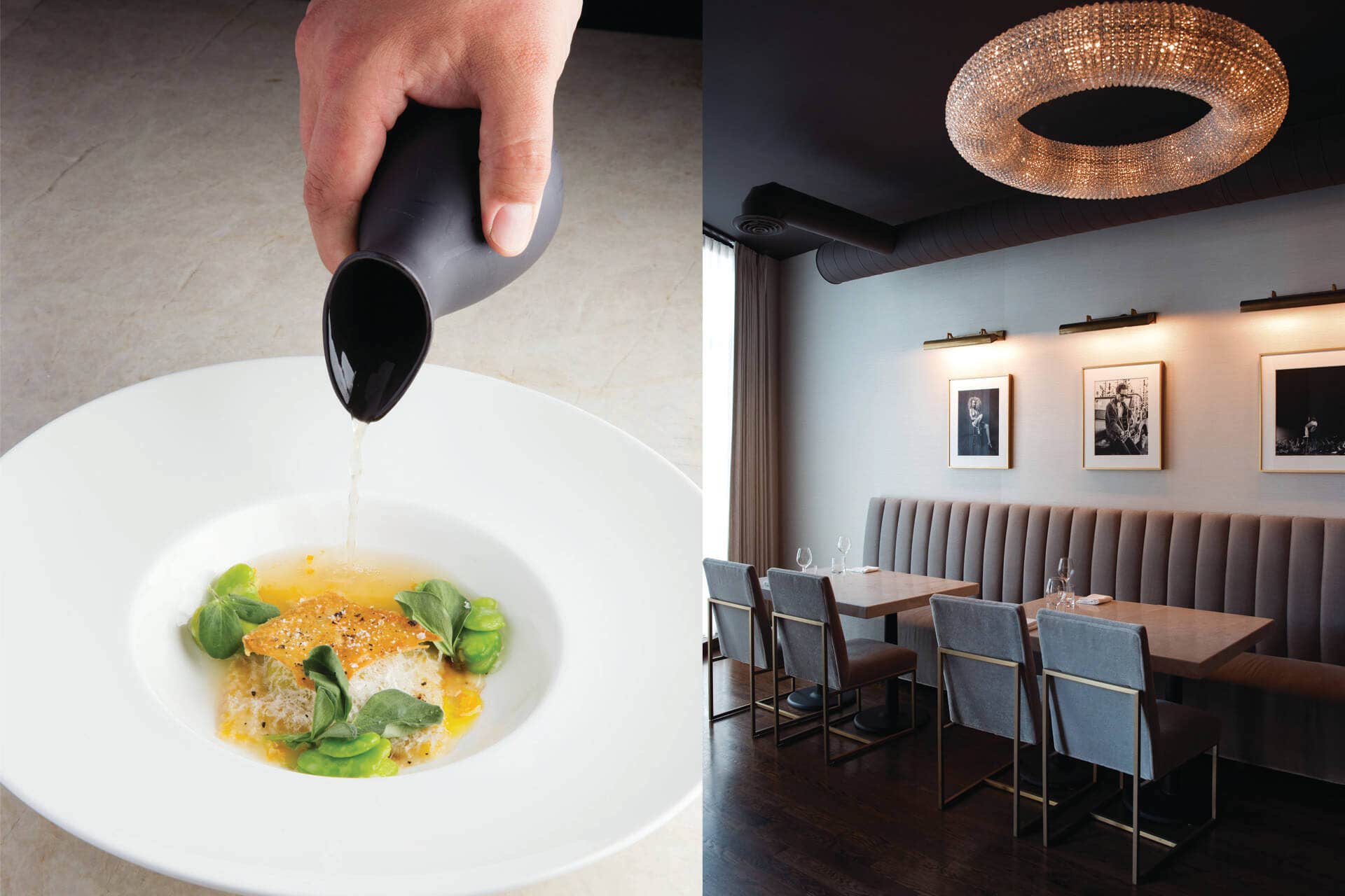 Left of oil being poured on a finished dish, right of interior banquet seating at Brass Heart Chicago