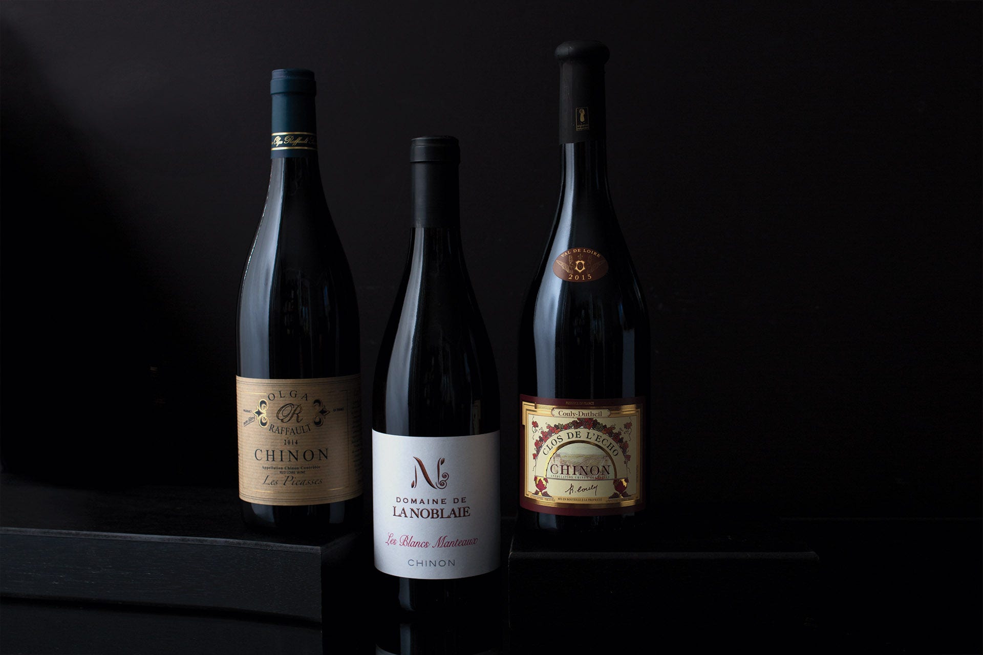 From left to right; Domaine Olga Raffault 2014 Les Picasses; Couly-Dutheil 2015 Clos de l’Echo; and Domaine de la Noblaie 2016 Les Blancs Manteaux
