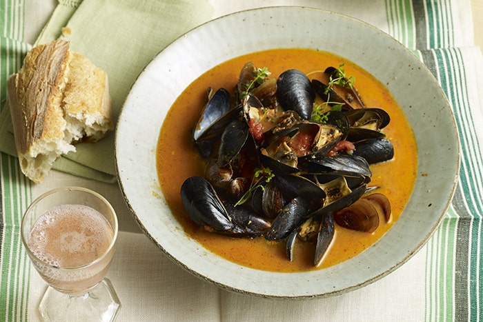 Mussels in Red Chili, Tomato & Coconut Broth.