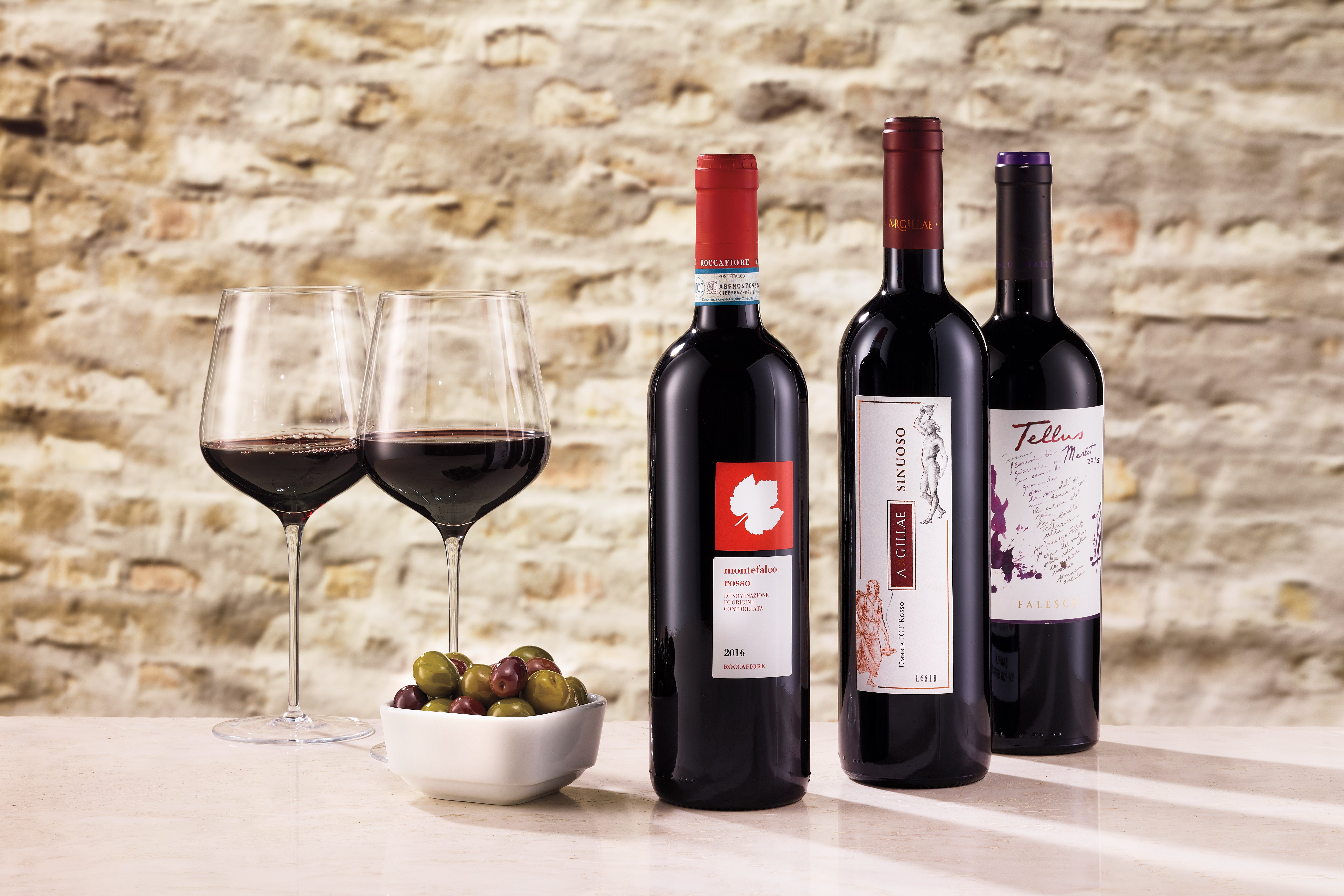 From L to R; Roccafiore 2016 Montefalco Rosso; Argillae 2017 Sinuoso (Umbria); and Falesco 2015 Tellus Merlot (Umbria)