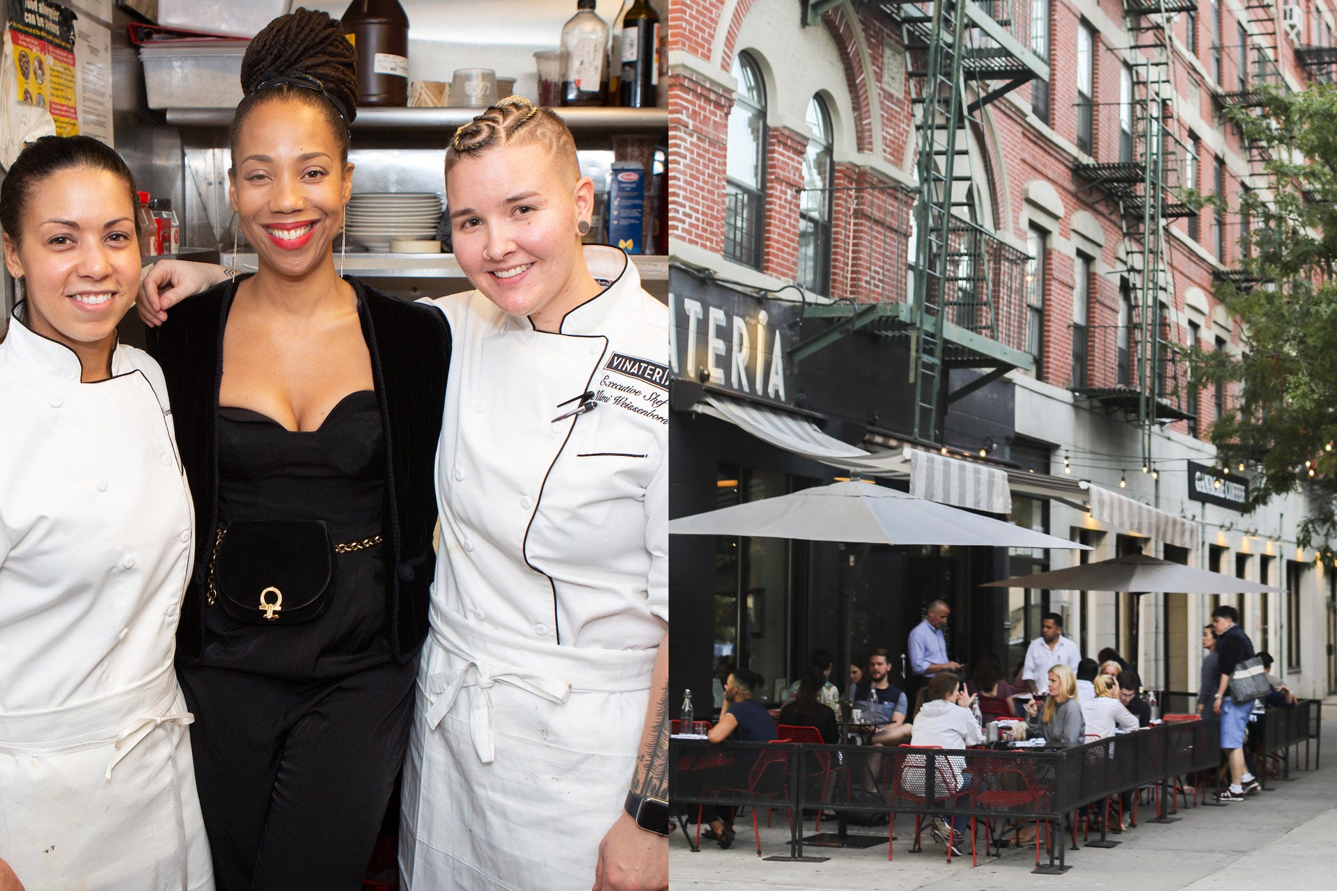 Left photo is three women, two in chefs whites, right photo is exterior of a restaurant with sidewalk seating 
