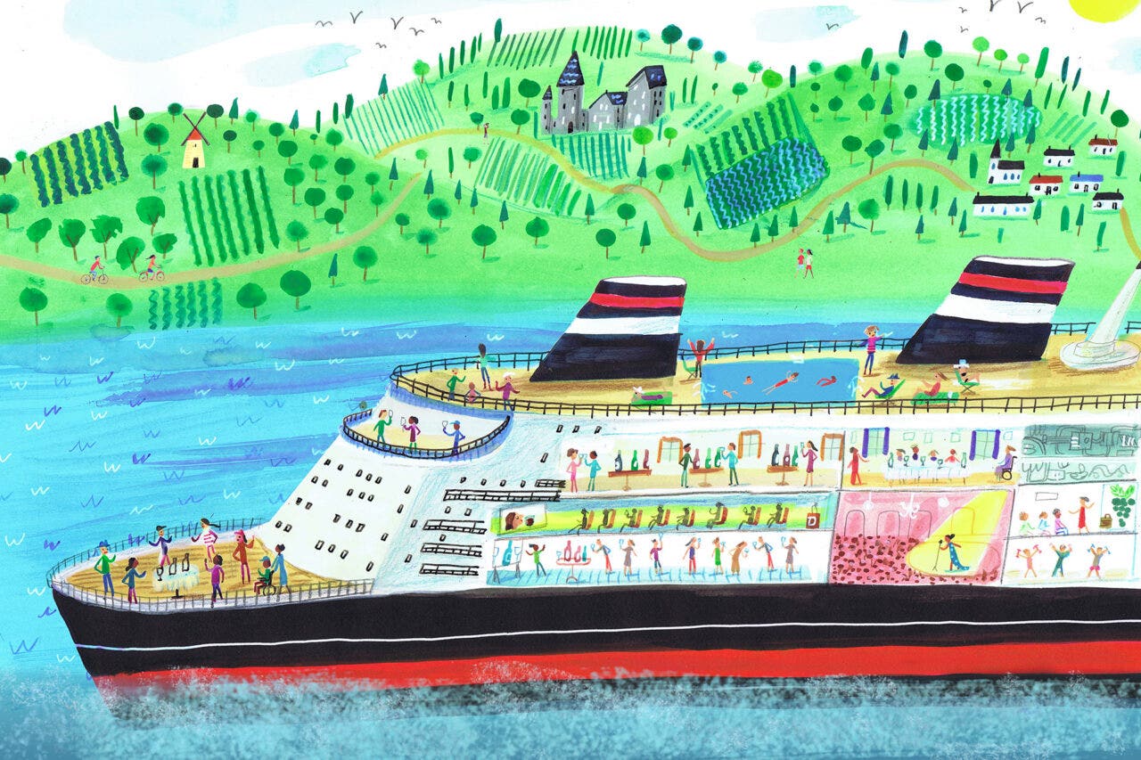 Illustration of a cruise ship with various wine activities happening onboard