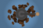 Animation of coffee beans being ground and turning into coffee cup