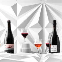 Lambrusco bottles and glasses on a designed background