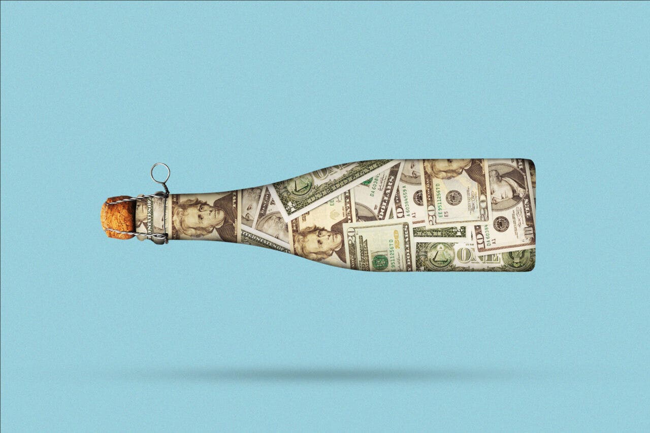A Bottle of Cider made out of dollar bills on a blue background